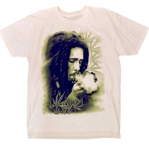 Bob Marley Ganja T Shirt Reggae Music White Green Cotton Crewneck Rasta Dread